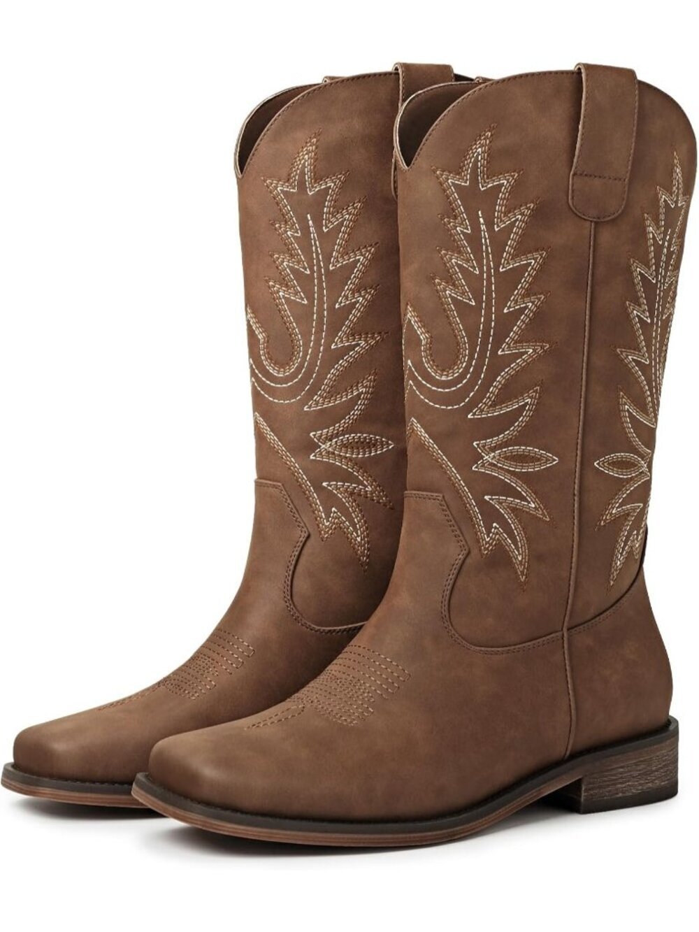 Women Cognac Mid Calf Square Toe Cowgirl Vintage Embroidery Low Chunky Heel Boot